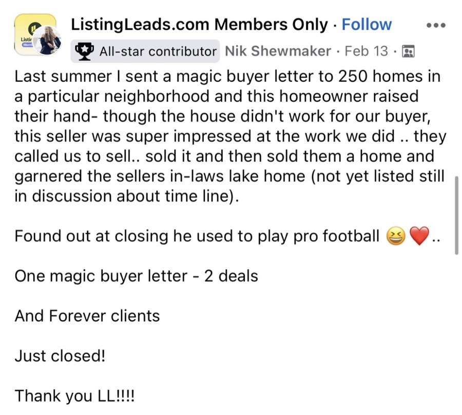 Listing Leads member success story