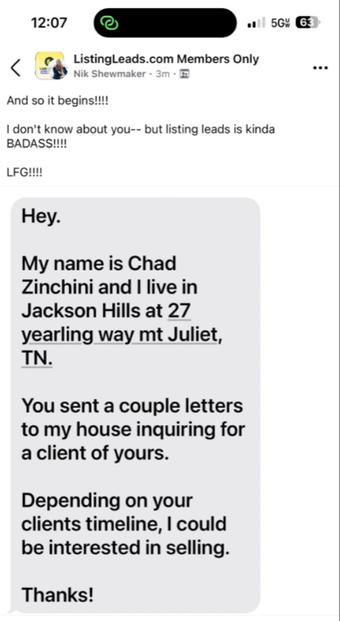 Listing Leads member success story