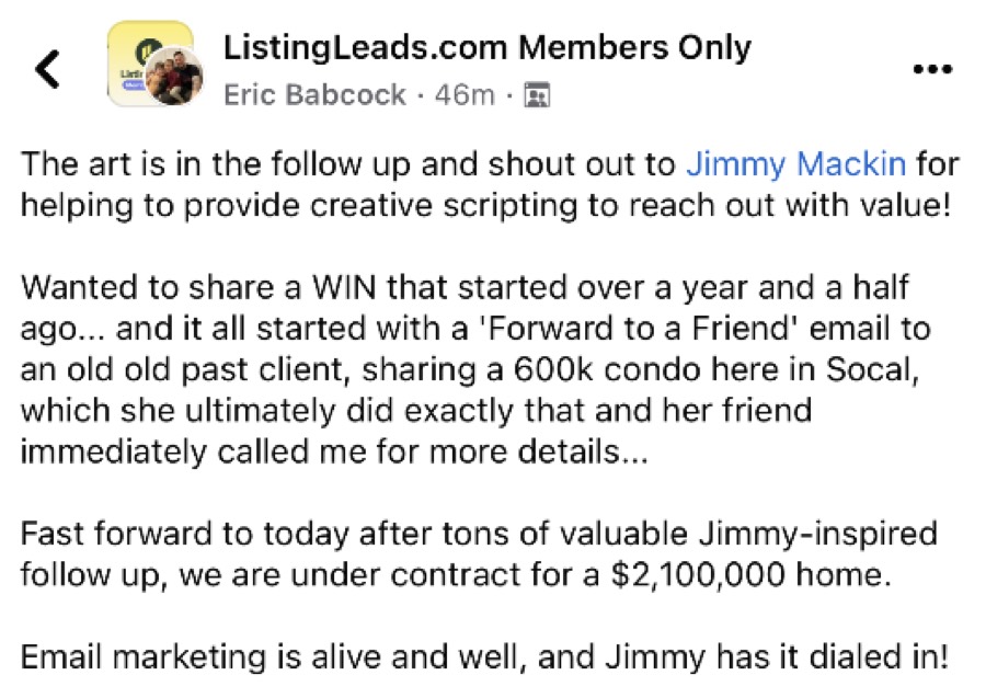 Listing Leads member success story